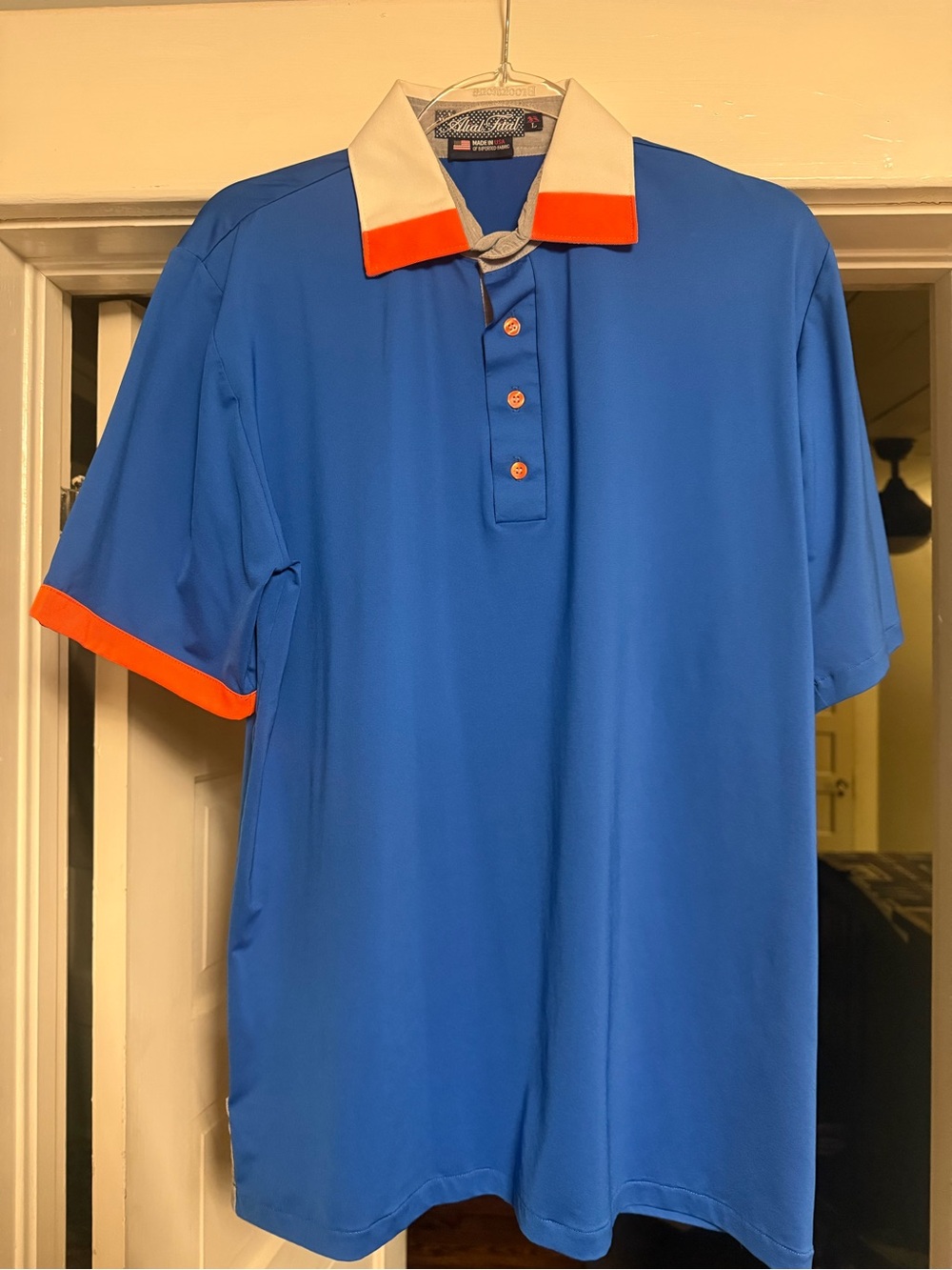 Men's Blue Polo Shirt with Contrast White & Orange Collar